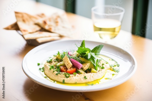 middle eastern hummus with olive oil and pita