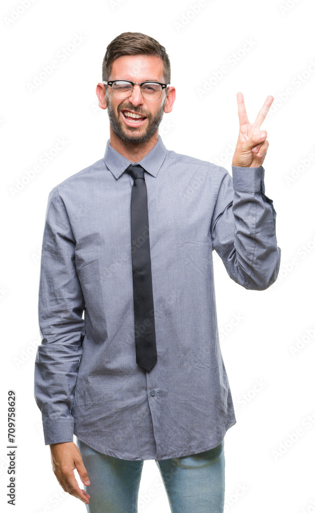 Young handsome business man over isolated background smiling with happy face winking at the camera doing victory sign. Number two. Young handsome business man over isolated background smiling with happy face winking at the camera doing victory sign. Number two.