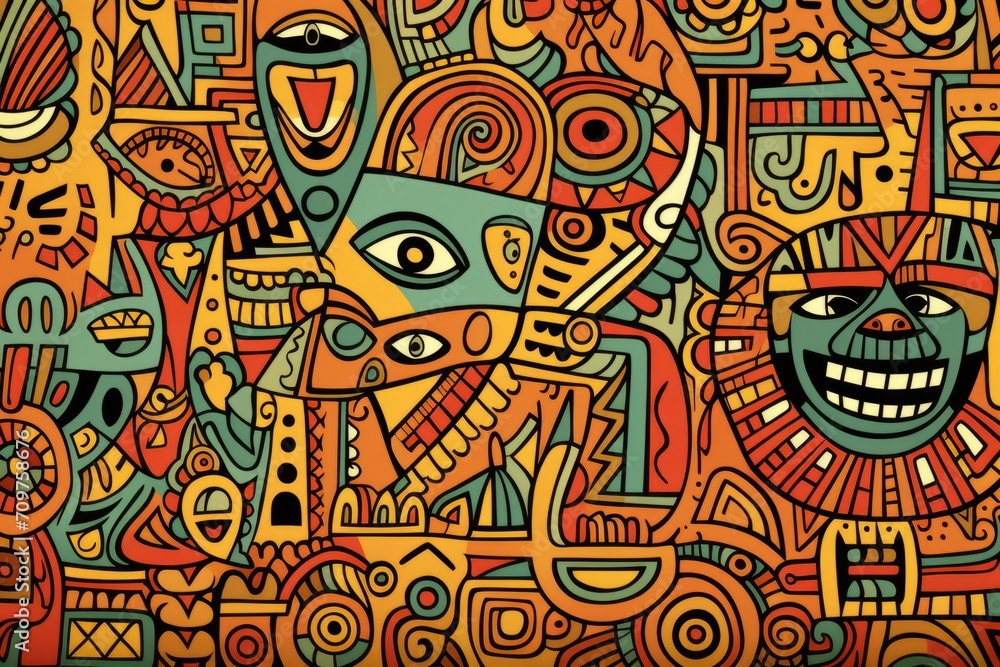 Cartoon cute doodles illustrating African tribal art elements, seamlessly combined to form a detailed and symbolic seamless design, Generative AI