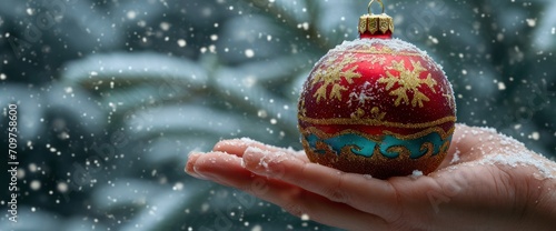 Hand Holding Christmas Vintage Ornament, Beautiful Background for Computer, Designer