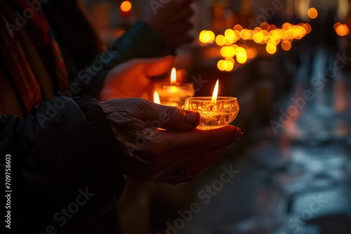 Old wrinkled hand holding candle in Christian church. Generative AI photo