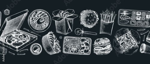 Food delivery border. Hand drawn vector illustration. Takeout food background, fast food menu, ribbon design. Pizza, burger, coffee, noodles, poke, sushi sketch. Take away food seamless pattern