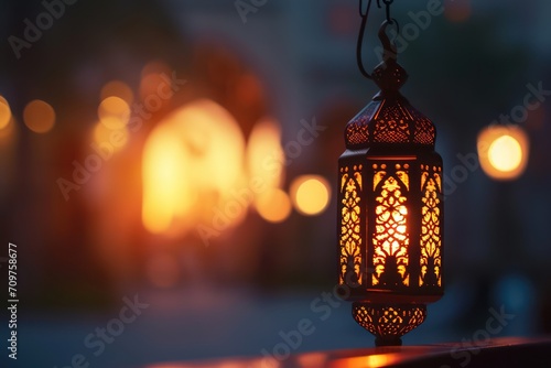 Lantern for Ramadan on dark background, Muslim holiday. Generative AI