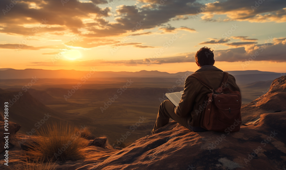 Man Reading Studying Bible Book Mountain Landscape Man Reading Studying Bible Book Mountain Landscape