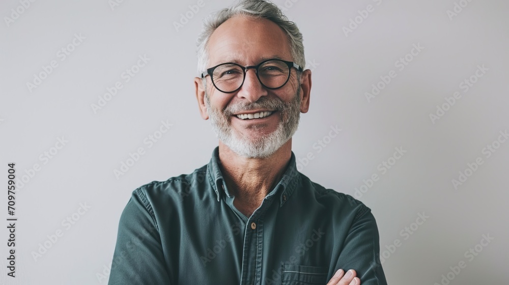 An older, happy man is shown in a portrait on a white background. An older, happy man is shown in a portrait on a white background.