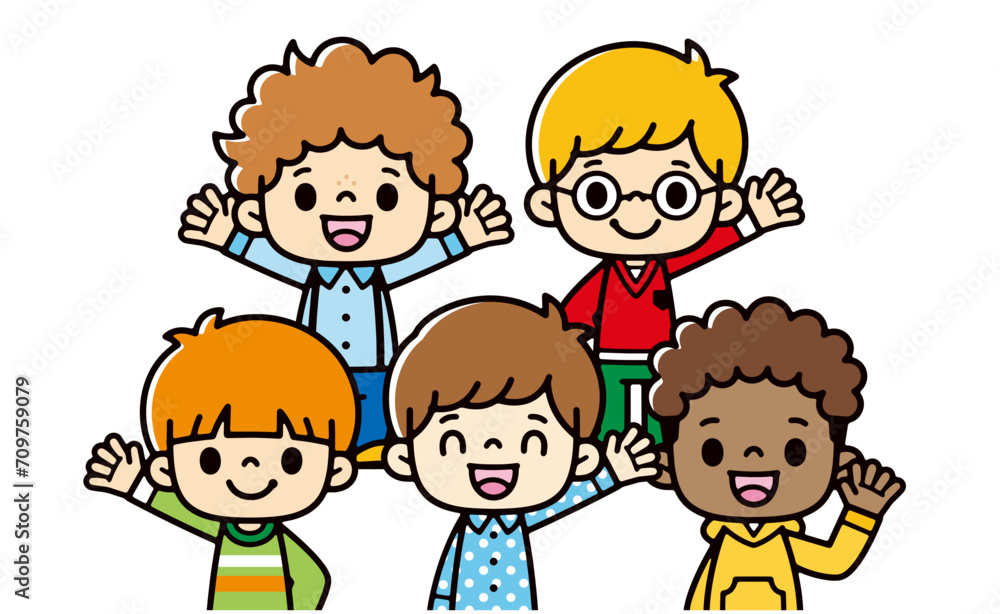 Illustration of multinational boys waving cheerfully