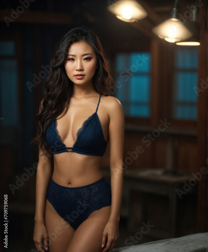 Asian woman in blue lingerie. Female underwear. © vkilikov