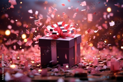 Glowing Gift Box Amidst a Confetti Explosion, on an isolated Radiant Rose background, Generative AI © Box Milk