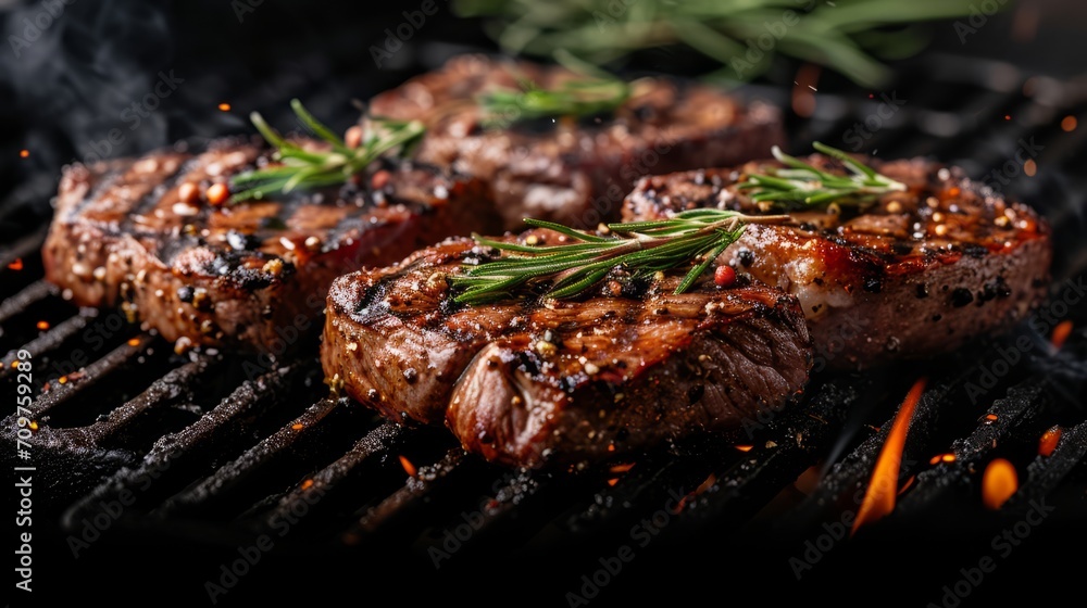 Beef steaks on the grill, dark background, meat food photo