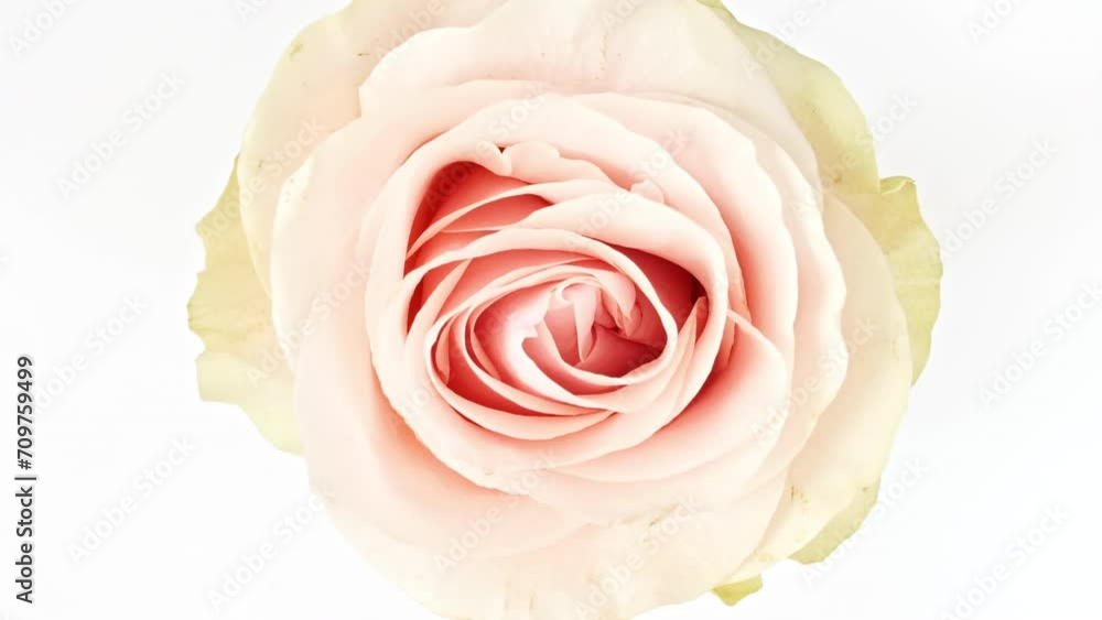 Soft pink rose rotating on white background. Macro shot. Bud closeup. Blooming pink rose flower open. Production Close-Up. Natural cosmetics production for hair and skin care. Essential perfume. 4k Soft pink rose rotating on white background. Macro shot. Bud closeup. Blooming pink rose flower open. Production Close-Up. Natural cosmetics production for hair and skin care. Essential perfume. 4k