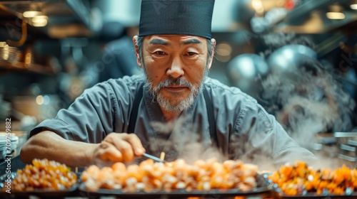 Chef in Japanese restaurant, japanese chef cooking in a kitchen 