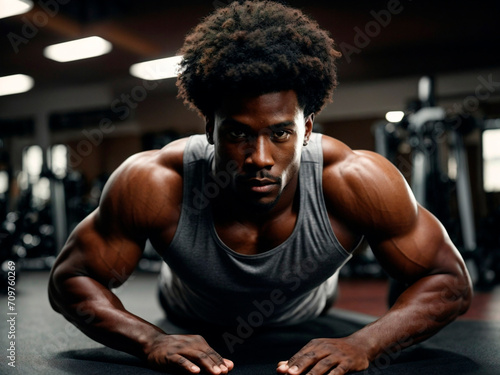 Afro-American athlete with healthy muscular body and short hair doing pushups