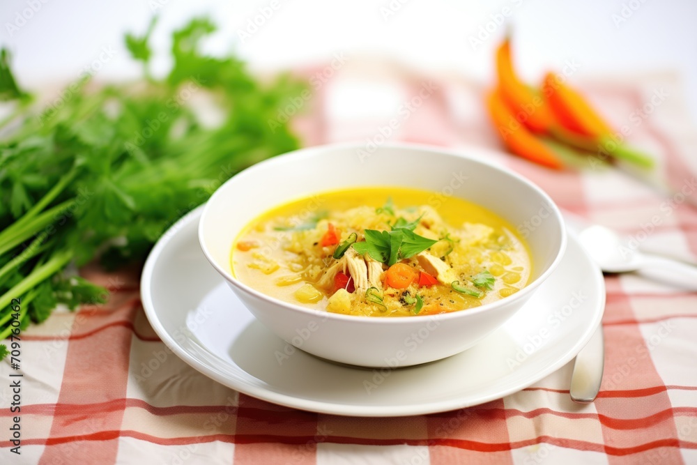 mulligatawny soup in a white bowl with red napkin underneath