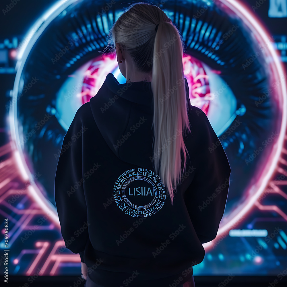 cyberpunk, hologram Eye, cyberpunk monitor on wall, hologram eye, holographic eye, PINK AND BLUE NEON LIGHT, SciFi. - A blonde girl standing with the back facing the camera wearing a black hoodie. 