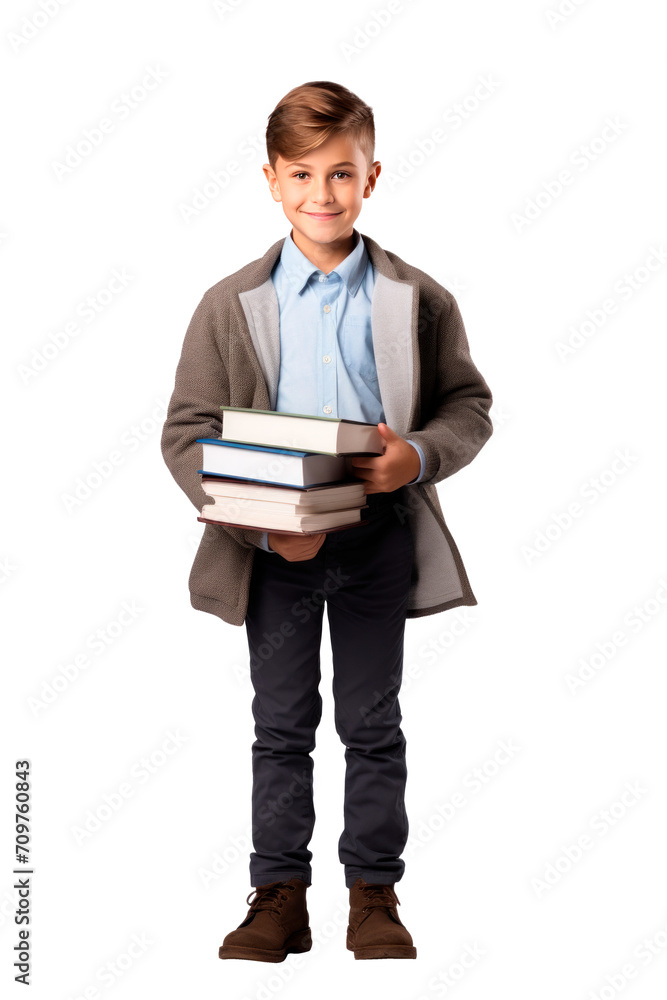 Little boy with books. Isolated on transparent background, PNG