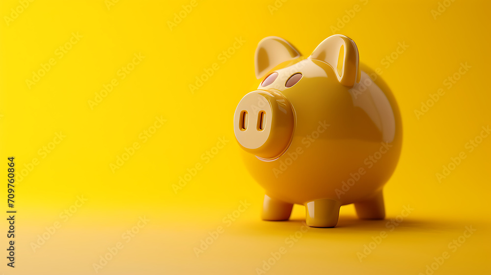 A yellow piggy bank placed on a coordinating yellow background, illustrating the concept of savings and finance. 