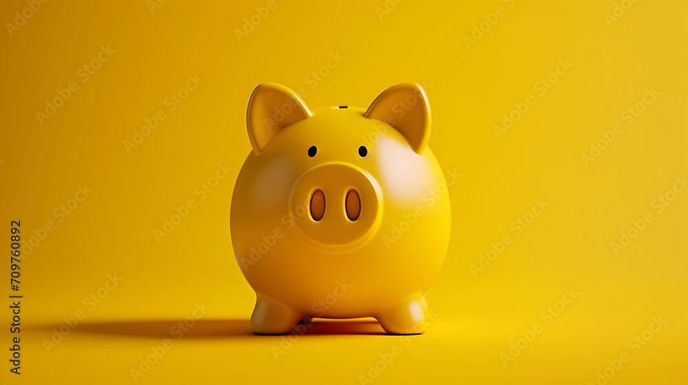 A yellow piggy bank placed on a coordinating yellow background, illustrating the concept of savings and finance. 