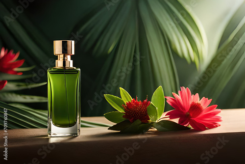 tropical green perfume concept , exotic plants and glass cosmeticscontainer