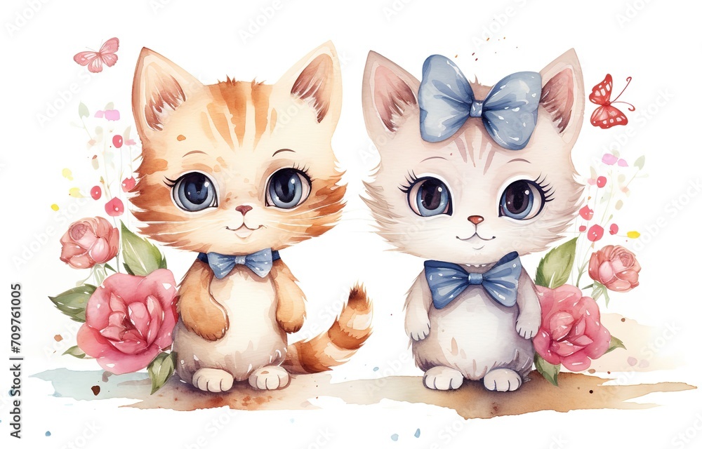 Fototapeta premium watercolor illustration with grungy texture, cute two can sitting together with flower and ribbon bow , generative Ai