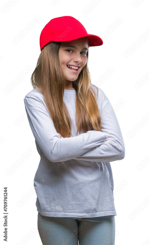Young beautiful girl wearing red cap isolated background happy face smiling with crossed arms looking at the camera. Positive person.
