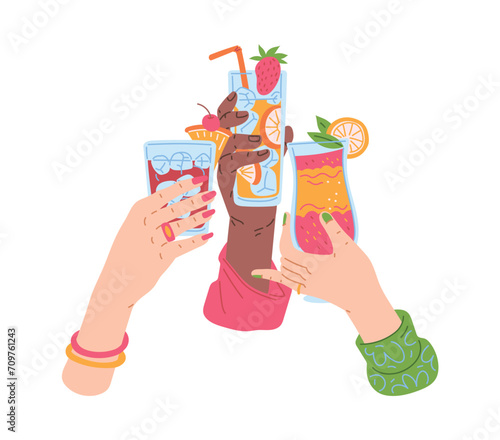 Friends hands holding glasses with cocktails, and cheers or drinking toast to friendship, vector tropical fruit beverage