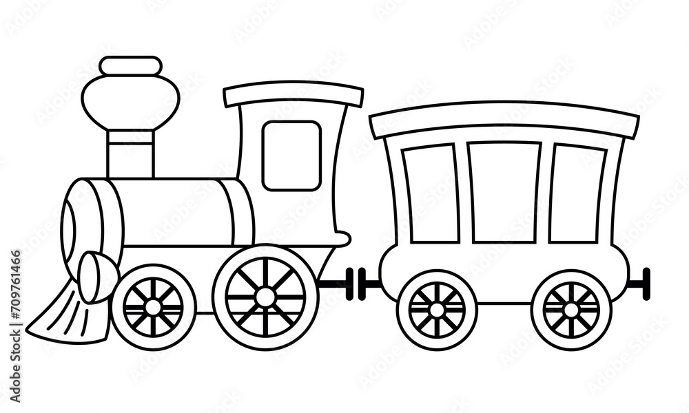 steam train - black and white cartoon vector illustration of steam locomotive and passenger railroad car steam train - black and white cartoon vector illustration of steam locomotive and passenger railroad car