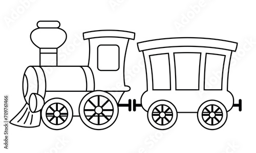 steam train - black and white cartoon vector illustration of steam locomotive and passenger railroad car