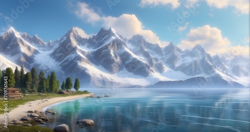 A scene of a majestic mountain range towering above a tranquil sea, with snow-capped peaks, serene waters, and a scattering of trees along the shoreline - Generative AI © Huzaifa