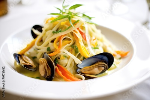 close-up of linguine with clams in a white wine sauce
