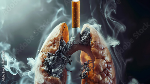 Concept for No Smoking Day, capturing the detrimental impact of cigarettes on the lungs and the human body. An image where a real cigarette interacts with a human body, highlighting the distress.