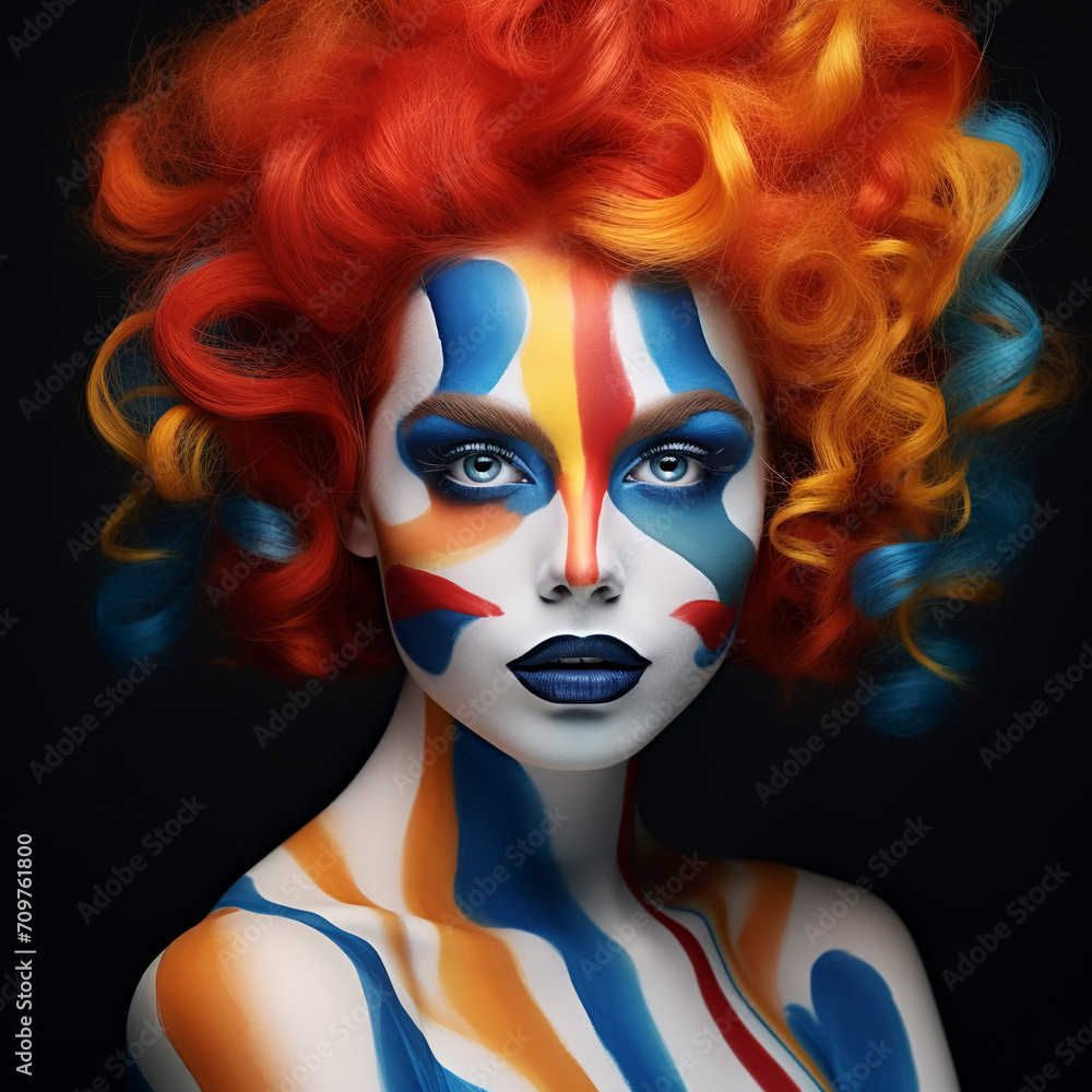 Portrait of a red-haired charming woman with a painted face art