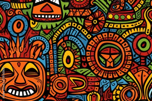 Cartoon cute doodles illustrating African tribal symbols and patterns  seamlessly combined to create a vibrant and culturally rich seamless backdrop  Generative AI