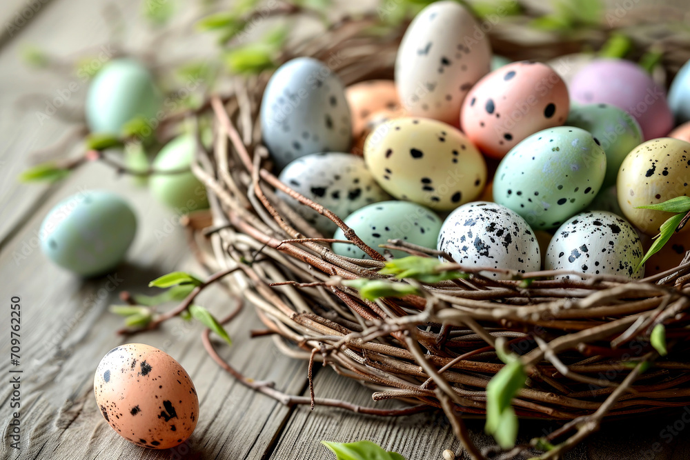 Easter. multi-colored Easter eggs in a basket and blooming cherry branches on a wooden table Easter. multi-colored Easter eggs in a basket and blooming cherry branches on a wooden table
