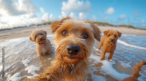 Dog making selfie on the beach, dog on the beach looking at the camera 