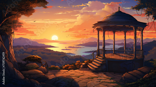 illustration of natural scenery when the sun sets seen from the mountain and there is a gazebo