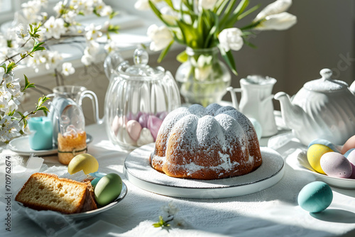 Easter. Easter eggs and Easter cake on the table in a bright home interior
