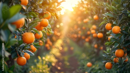Fruit farm with many trees and natural sunlight, orange fruit farm  © Nico