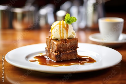 sticky toffee pudding with ice cream on top photo
