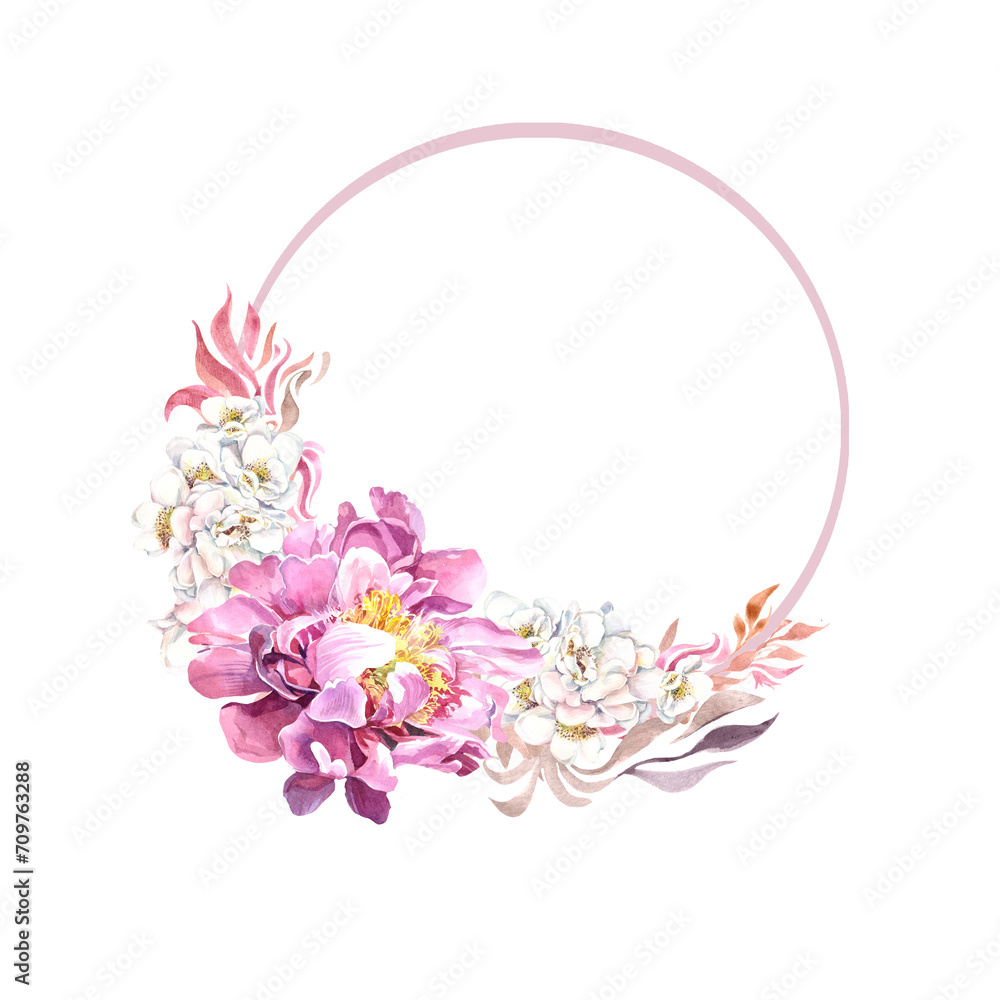 Fototapeta premium wedding congrats card with watercolor wreath pion, jasmin delicate flowers in circle on white backdrop