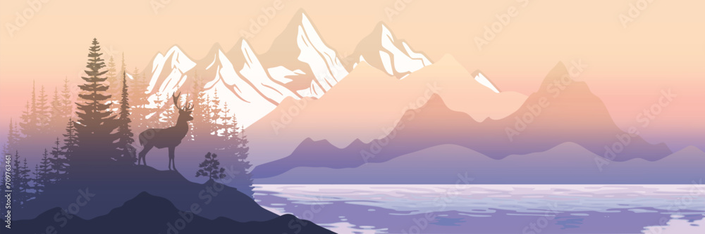 Mountain landscape, deer on the shore of a mountain lake, panoramic view, vector illustration Mountain landscape, deer on the shore of a mountain lake, panoramic view, vector illustration