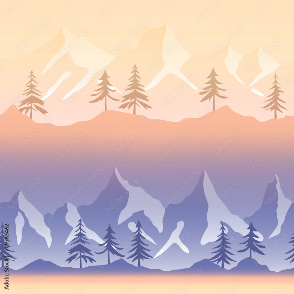 Seamless pattern, mountain landscape at dawn