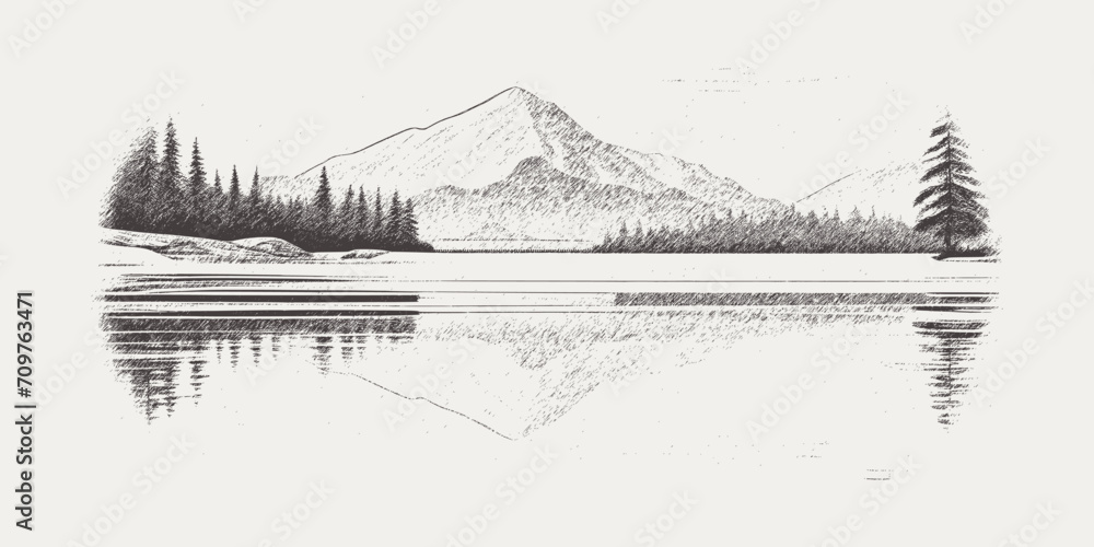 Forest and mountains are reflected in the lake, vignette. Vector sketch, imitation of a pencil drawing.	