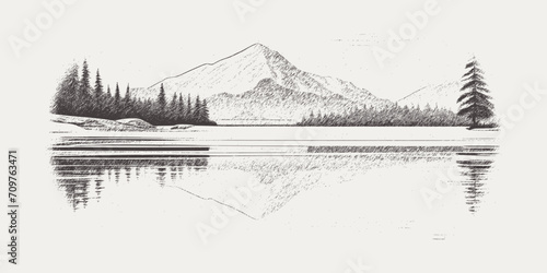 Forest and mountains are reflected in the lake, vignette. Vector sketch, imitation of a pencil drawing.	