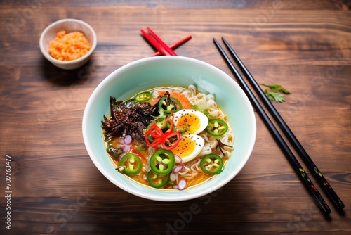 spicy ramen bowl with chili peppers and broth