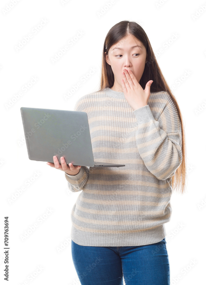 Young Chinese woman over isolated background using computer laptop cover mouth with hand shocked with shame for mistake, expression of fear, scared in silence, secret concept Young Chinese woman over isolated background using computer laptop cover mouth with hand shocked with shame for mistake, expression of fear, scared in silence, secret concept
