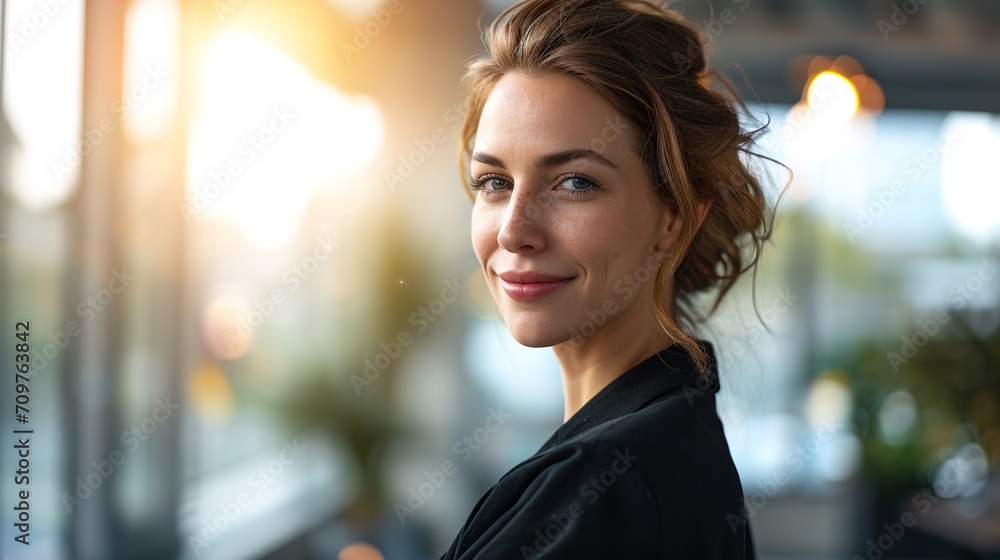 A happy businesswoman is depicted in close-up against a bokeh background.