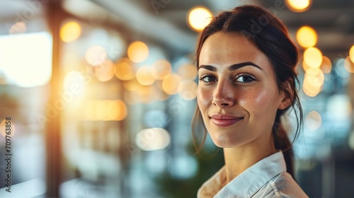 A happy businesswoman is depicted in close-up against a bokeh background.