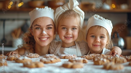 Happy family kids are bake cookies with flour in a bakery  kids bake 