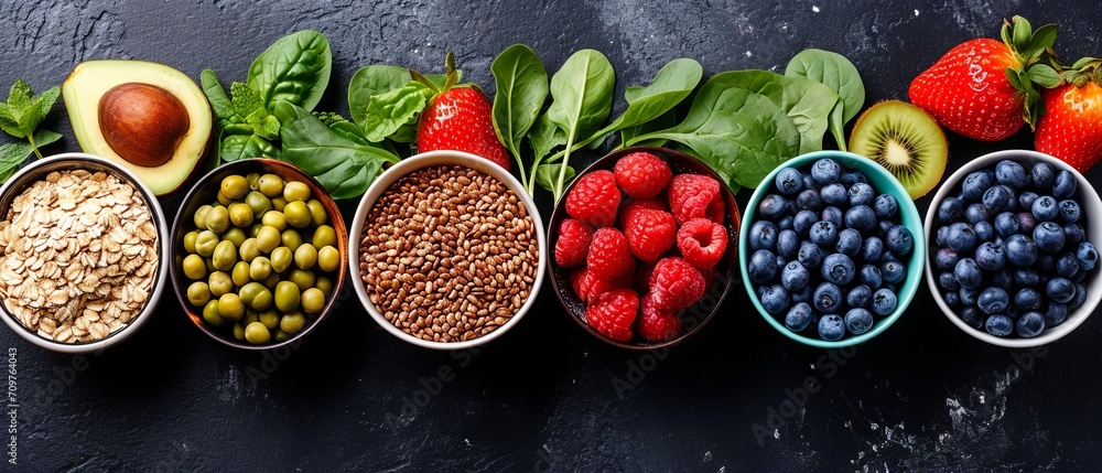 Healthy food clean eating selection,fruit, vegetable, seeds, superfood, cereal, leaf vegetable - obrazy, fototapety, plakaty 