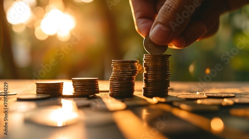 putting money in a coin stack and expanding a business. photo